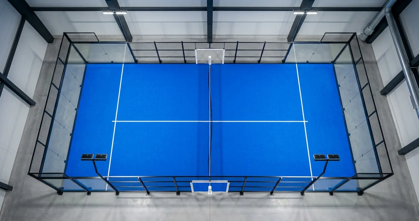 Vue d'ensemble d'un terrain de padel avec ses vitres et grillages
